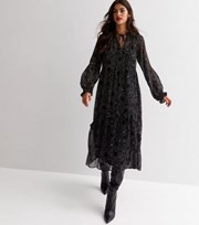New Look Black Star Print Long Sleeve Chiffon Midi Dress